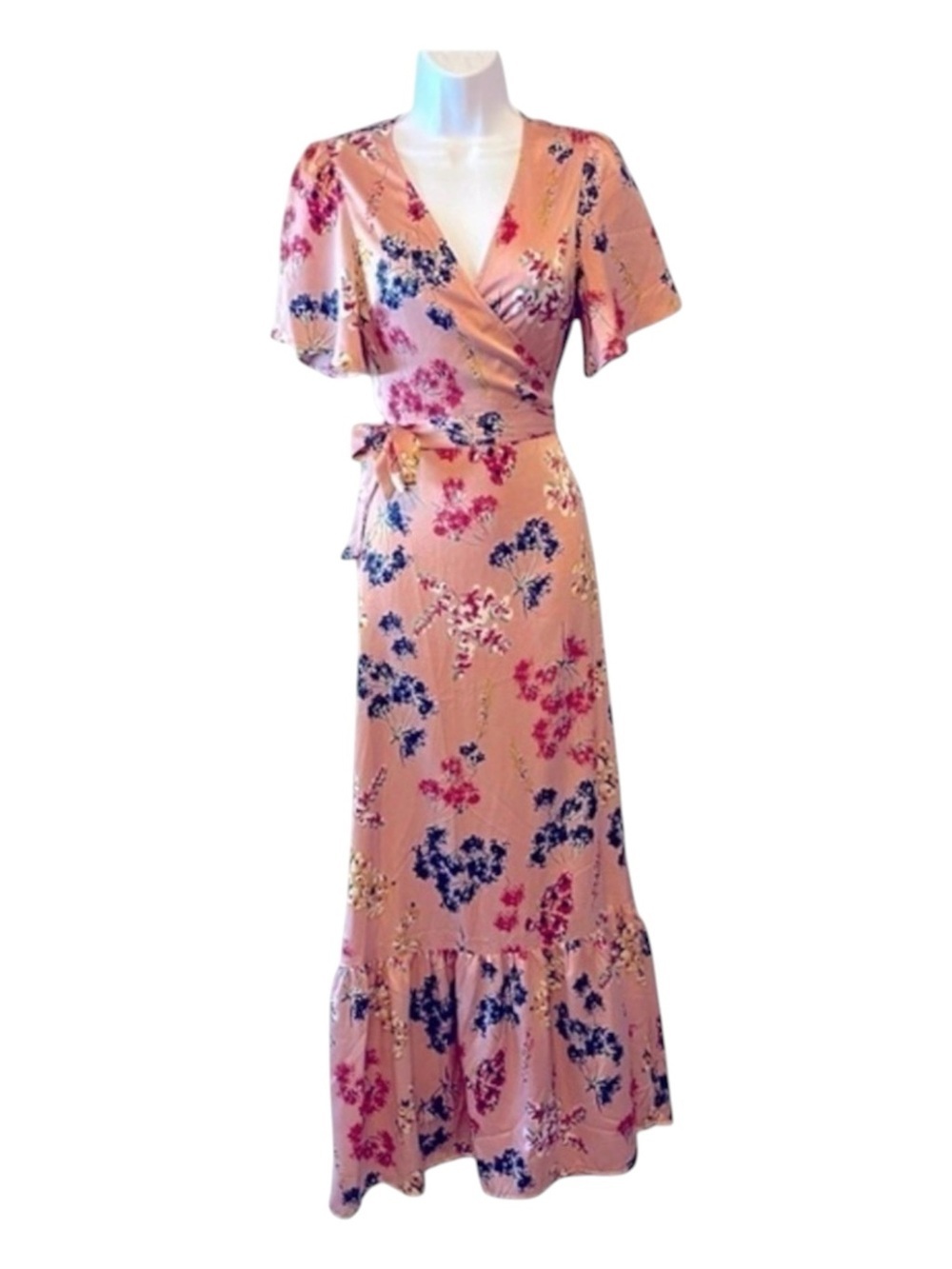 Lulus Mystic Mondays Pink Floral Print Wrap Maxi Dress, Short Sleeves size XS/S